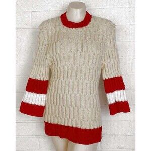 Hand Knitted Medium Cable Knit Cream White Red Homemade Pullover Sweater